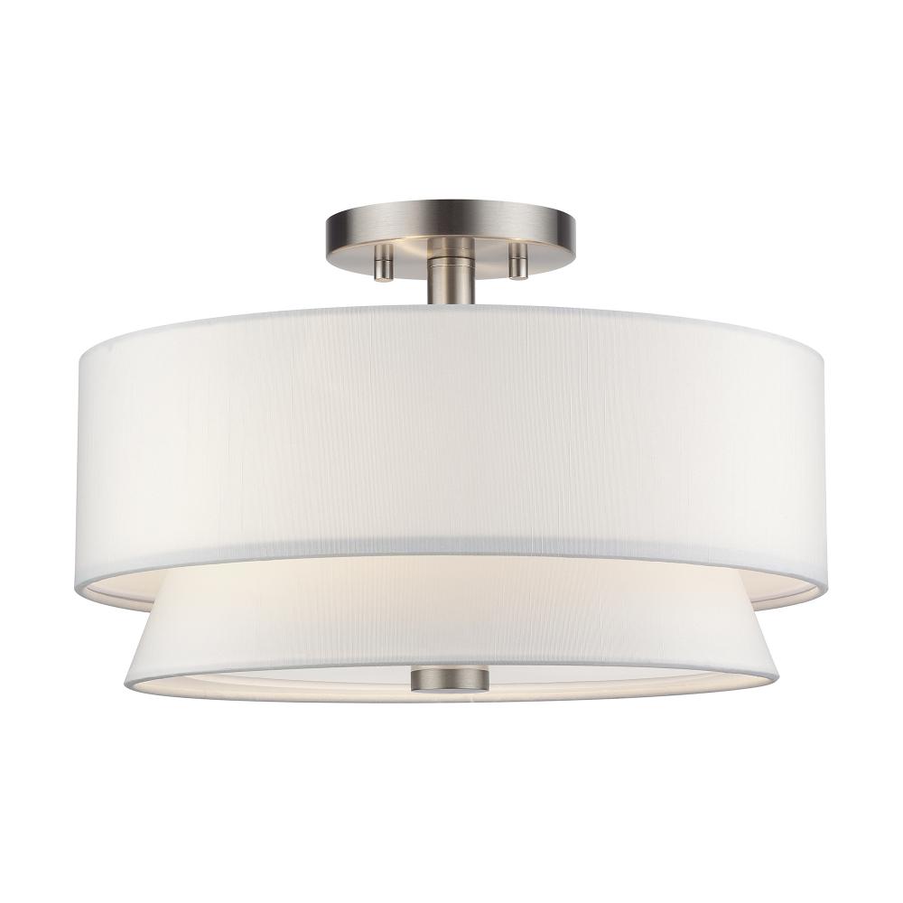 3 Light Brushed Nickel Large Semi-Flush with Hand Crafted Off-White Fabric Hardback Shades