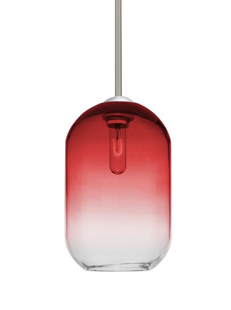 Besa, Omega 12 Stem Pendant,Red/Clear, Satin Nickel Finish, 1x60W Medium Base