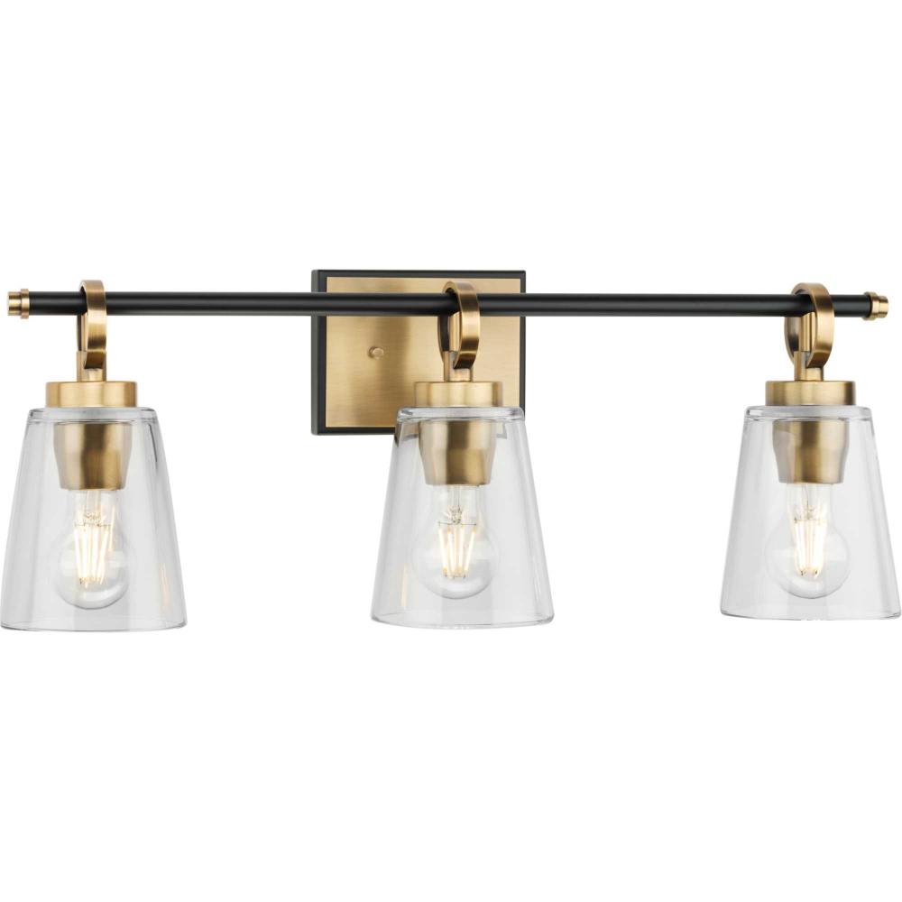 Cassell Collection Three-Light Vintage Brass Matte Black Luxe Industrial Bath & Vanity Light