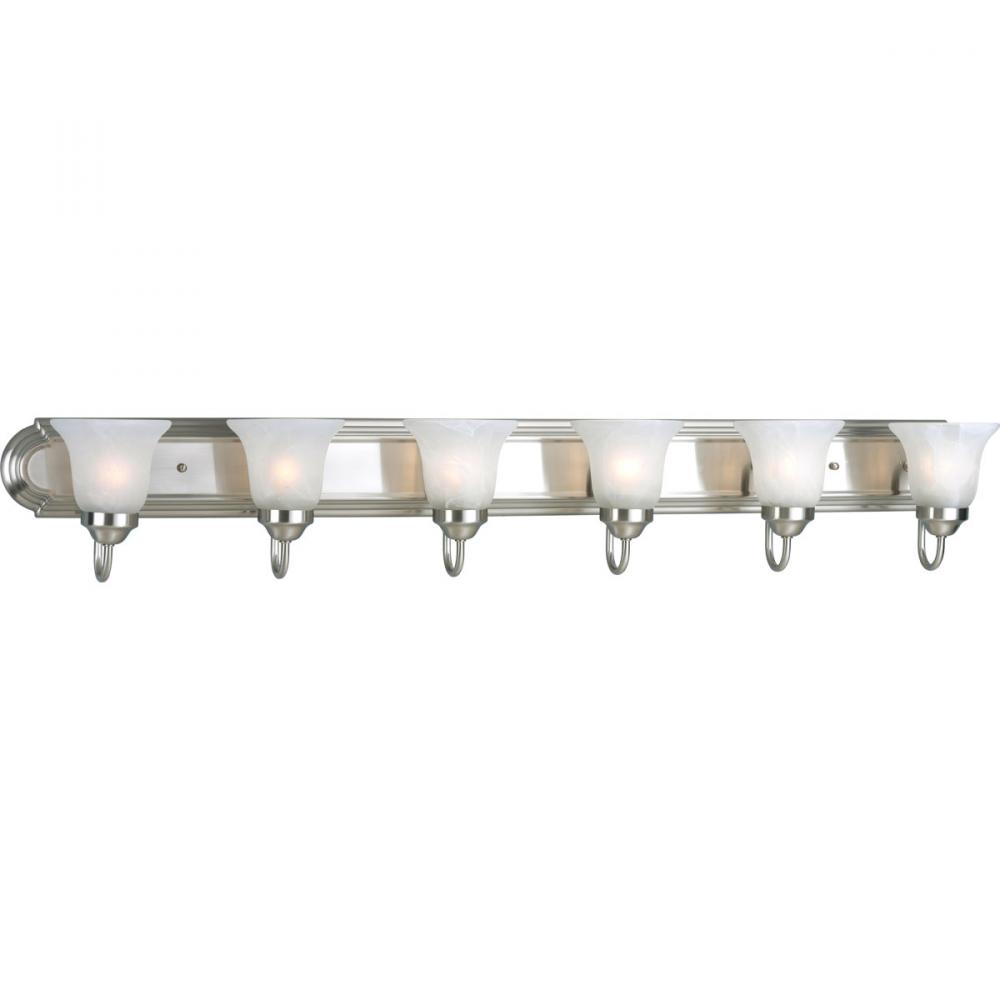 Six-Light Brushed Nickel Alabaster Glass Traditional Bath Vanity Light