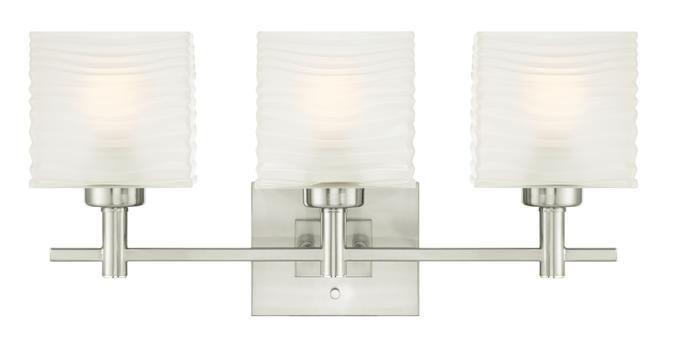 3 Light Wall Fixture Brushed Nickel Finish Rippled White Glazed Glass