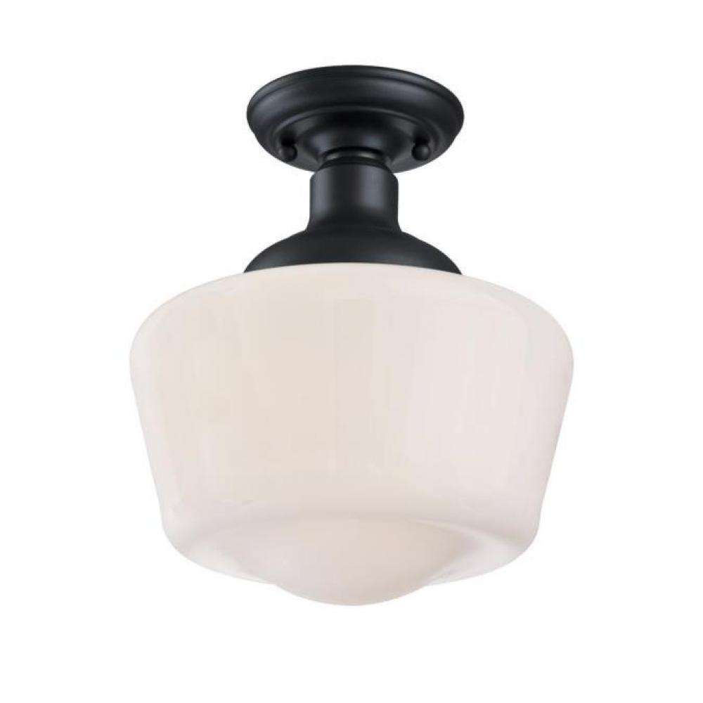 9 in. 1 Light Semi-Flush Textured Black Finish White Opal Glass