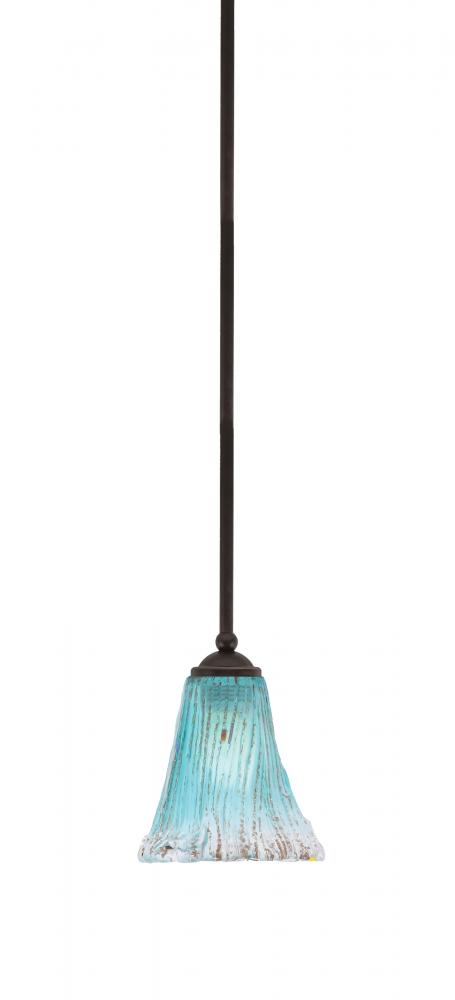 Zilo Stem Hung Mini Pendant, Dark Granite Finish, 5.5" Fluted Teal Crystal Glass