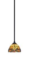 Toltec Company 560-MB-9465 - Zilo Stem Mini Pendant, Matte Black Finish, 7" Amber Dragonfly Art Glass