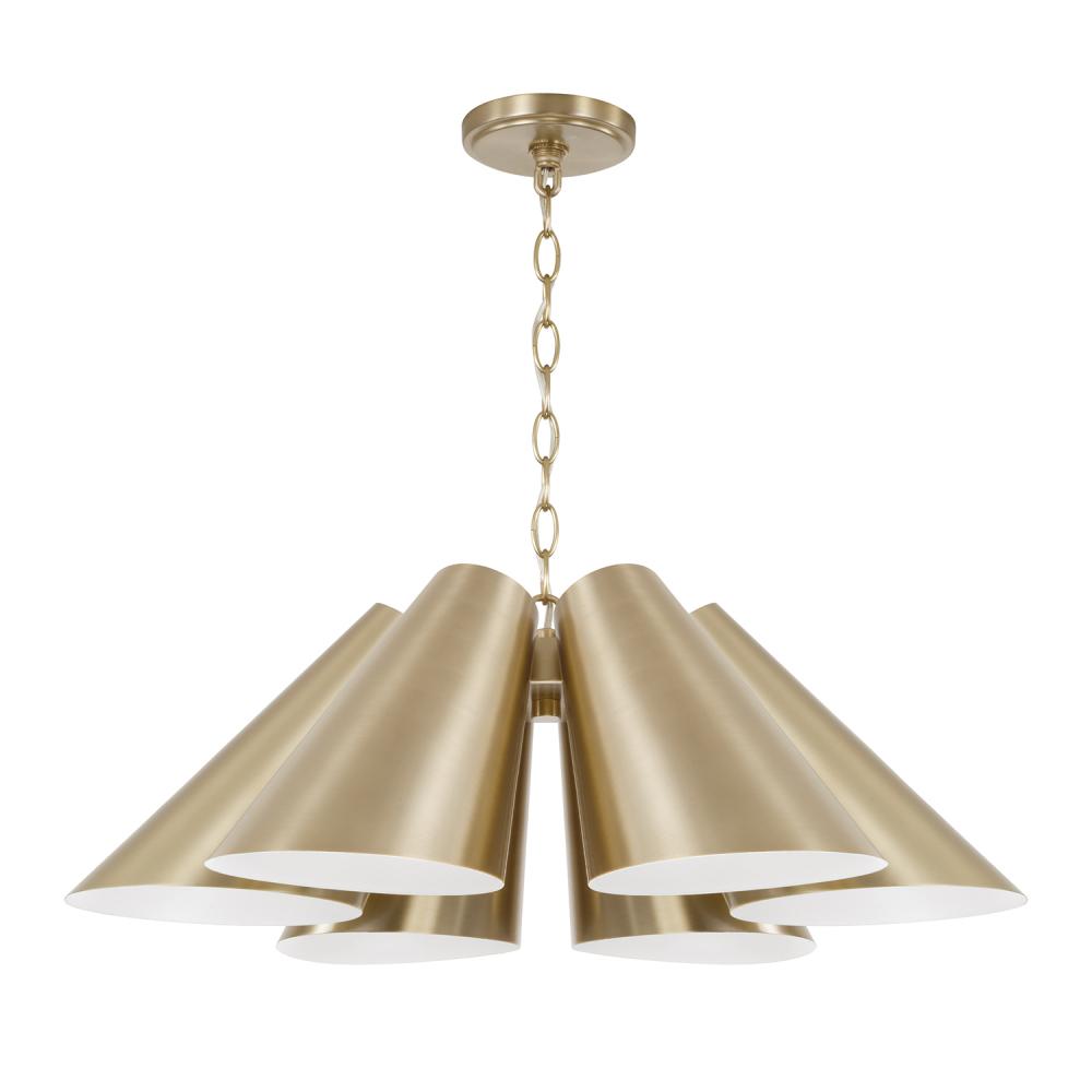 6-Light Modern Pendant in Matte Brass with Painted White Interior