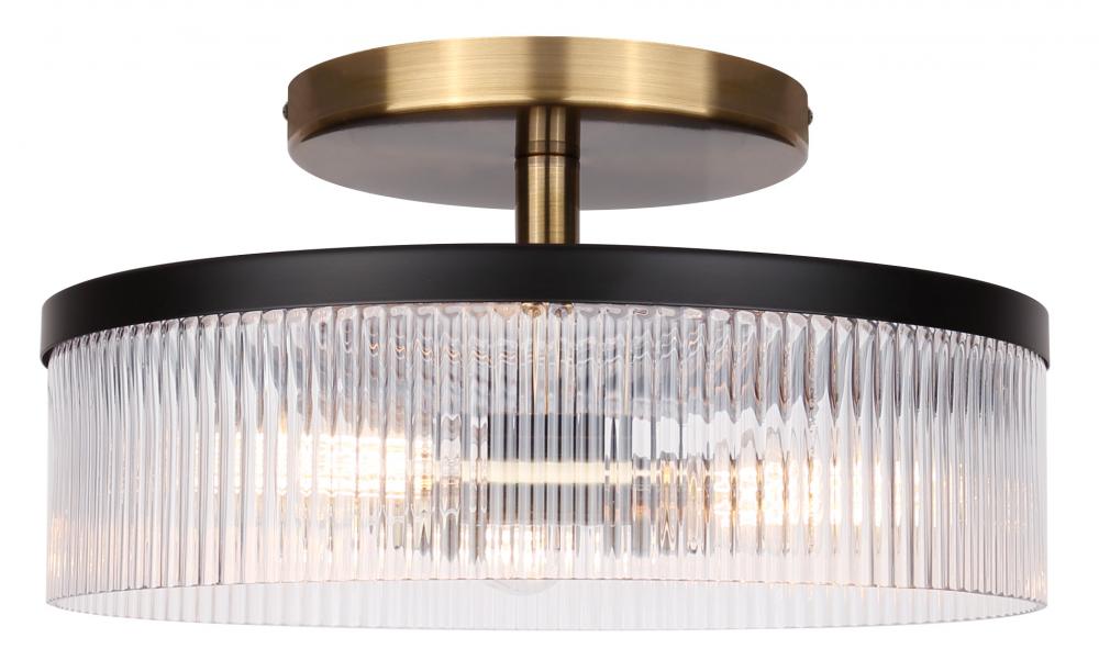 JENNER 15 in. 3-Light 60-Watt Contemporary Matte Black and Gold Semi-Flush Mount with Clear Ribbed G