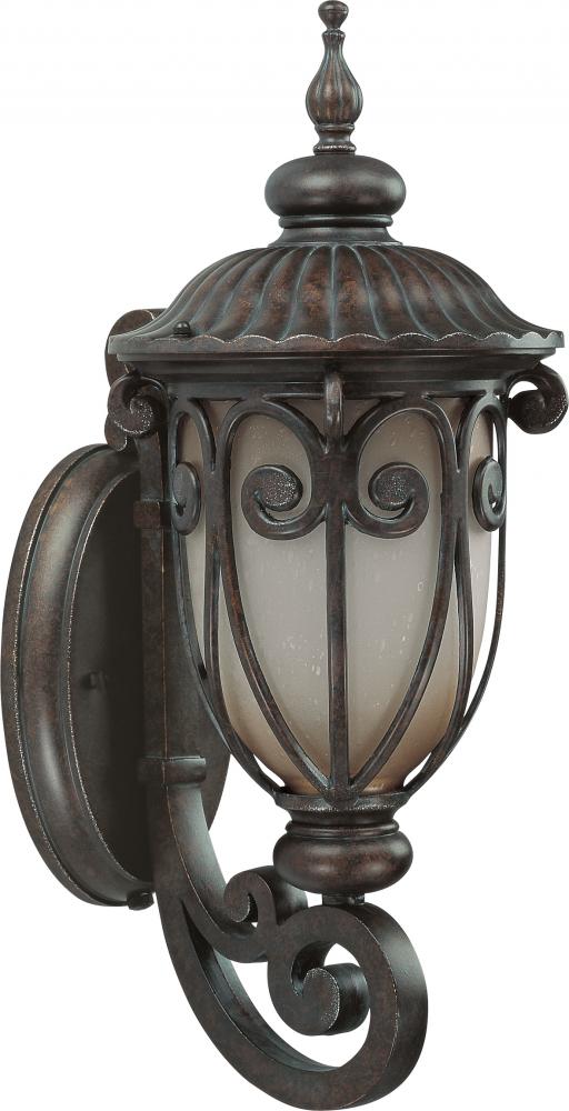 1-Light Small Outdoor Wall Lantern (Arm Up) with Photocell in Burlwood Finish with Frosted Wheat