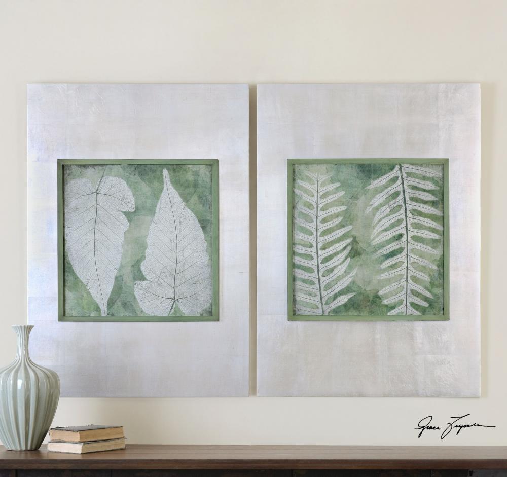 Green Fern Silver Framed Art, S/2